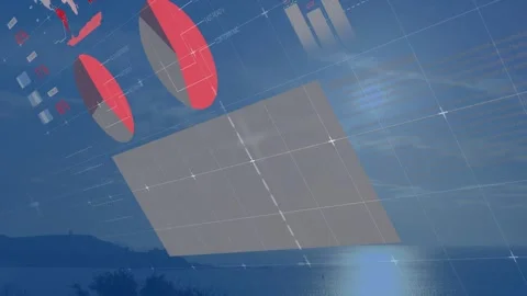 HUD elements emerging left over seaside, aligning grid, moving panel and Stock Footage 332505112