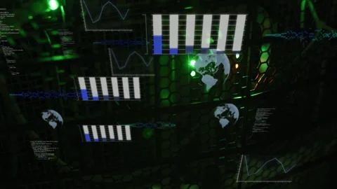 HUD elements emerging over hex mesh after server boot, scaling charts Stock Footage 332613765