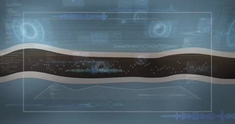 HUD elements fading in, dark ribbon band undulating and pulsing particles, Stock Footage 328656718