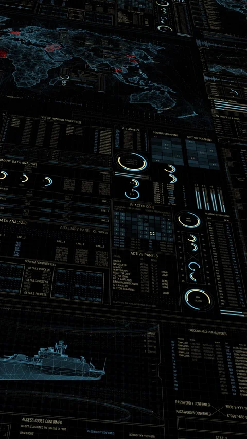 HUD elements with radar ship plane reactor moving on dark background loop. Video stock 329936636