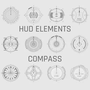 HUD Elements Sci-Fi Compass collection. Futuristic compasses for GUI, UI Stock Illustration
