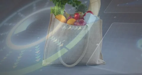 HUD elements sweeping over reusable grocery bag, triggered by halo, highlighting 스톡 동영상 321340340