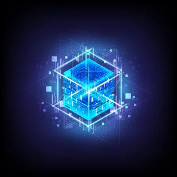 HUD energy box. Smart code. Big data. Digital chip. Glare grid lines. Glow 3D Stockillustratie