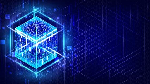 HUD energy box. Smart code. Big data. Digital chip. Glare grid lines. Glow 3D Stock Illustration