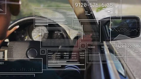 HUD engaging, driver steering and adjusting mirror, windows stacking over speed Stock Footage 332504982