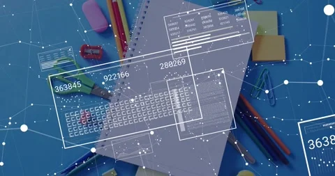 HUD fading in over notebook, shifting, rotating, updating keyboard schematic and Stock Footage 328330261