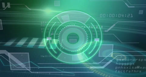 HUD fading in, rotating gear ring, appearing arrows, sliding bars, pulsing code Stock Footage 312361040