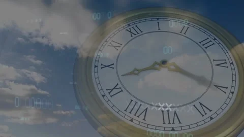 HUD flicker starting antique clock overlay drifting through sky, gold hands Vídeos de archivo 329473126