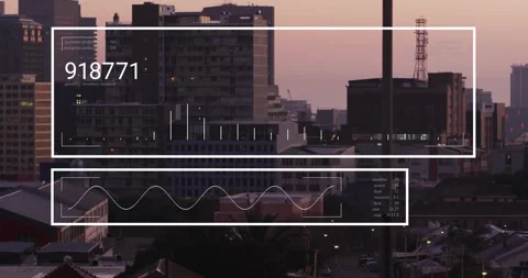 HUD frames emerging over dusk skyline, numbers updating bars rising waveform Stock Footage 309808483