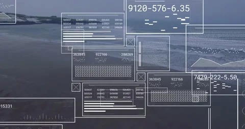 HUD frames forming over coast, early lines emerging sparking gauge digits Stock Footage 330621584