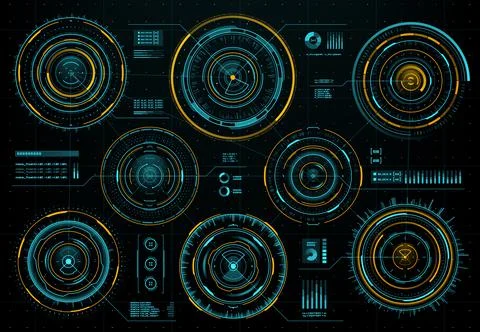 HUD futuristic circular interface screen panel set Stock Illustration