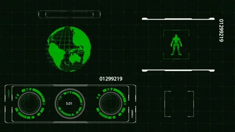 HUD Futuristic High Tech Planet Earth and Man in armor Digital Display Scanner Stock Footage 73254503