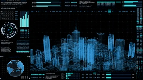 HUD Futuristic Virtual 3D Hologram City Target Scanning Mission Panel. Stock Footage