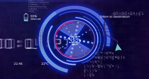 HUD gauge on nav command, accelerating speed, rings rotating, readouts showing Stock Footage 328712924