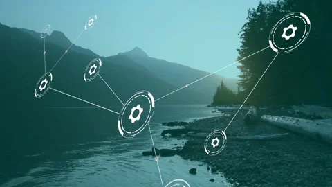 HUD gear node appearing above lake and drifting, forming network for tech data Stock Footage 332642318