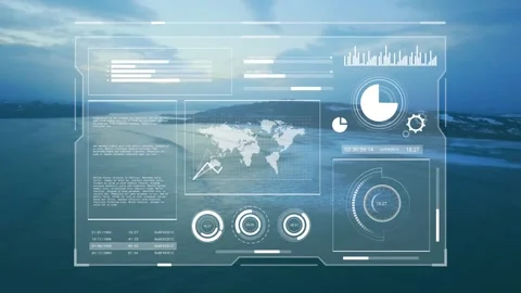 HUD getting telemetry, plotting route and waypoints, rotating rings and sweeping Stock Footage 330159991