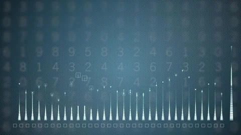 HUD graph with rising up nd falling down candle bars diagram over digital blue Ilustración de archivo