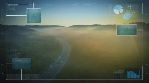 HUD Graphics Finding and Tracking Cars on Highway at Golden Hour Sunlight. CCTV Stock Photos
