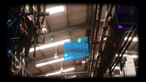 HUD grid fading in and rotating, nodes drifting while camera revealing rafters Stock Footage 331789889
