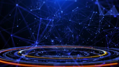HUD hologram circle elements spinning with blue low poly organic wave 4K motion Stock Footage 302282883