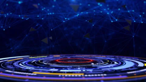 HUD hologram circle elements spinning with blue low poly organic wave Stock Footage 303226957
