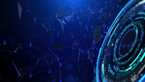 HUD hologram circle elements spinning with blue low poly organic wave 4K motion Stock Footage 303427798