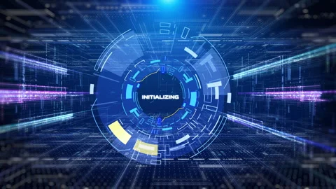 HUD hologram circle elements spinning on blue technology tunnel data system Video stock 308938578