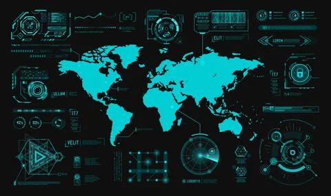 HUD hologram interface, earth digital map charts Stock Illustration