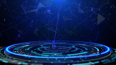 HUD hologram landscape circle elements spinning with blue low poly organic wave. Stock Footage 303427892
