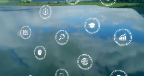 HUD icon cluster floating over calm lake camera pulling back illustrating pc Stock Footage 331165767