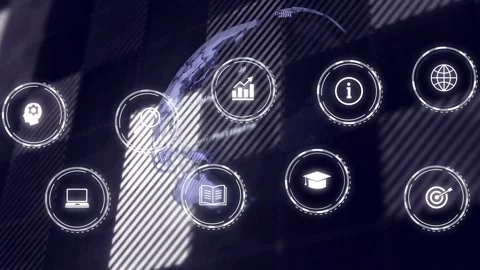 HUD icons and globe emerging on checkered plane, diagonal light sweeping, Stock Footage 332566539