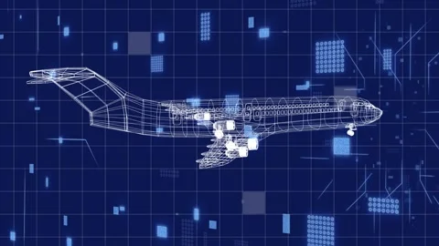 HUD initializing, wireframe jet rotating orbiting grid revealing engines gear Video stock 332867100
