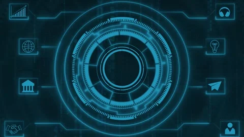 HUD interface animation with cyan technology and company data icons. HUD in.. Stock Footage 341128130