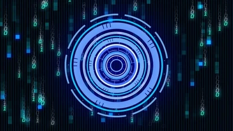 HUD interface appearing initiating rings rotating, binary streams cascading to Stock Footage 318239046