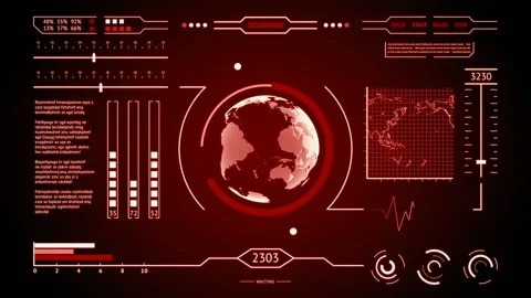 HUD interface display scanning of the planet Earth red Stock Footage 88596134