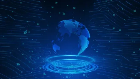 HUD Interface Displaying Rotating Globe Over Digital Circuit Stock Footage 314361812