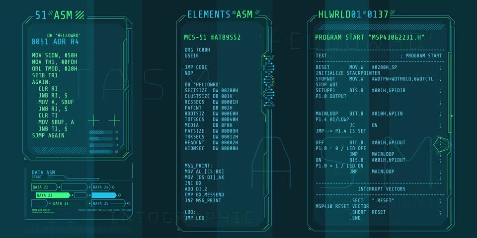 HUD interface elements with part of the code Assembly. Illustrazione stock