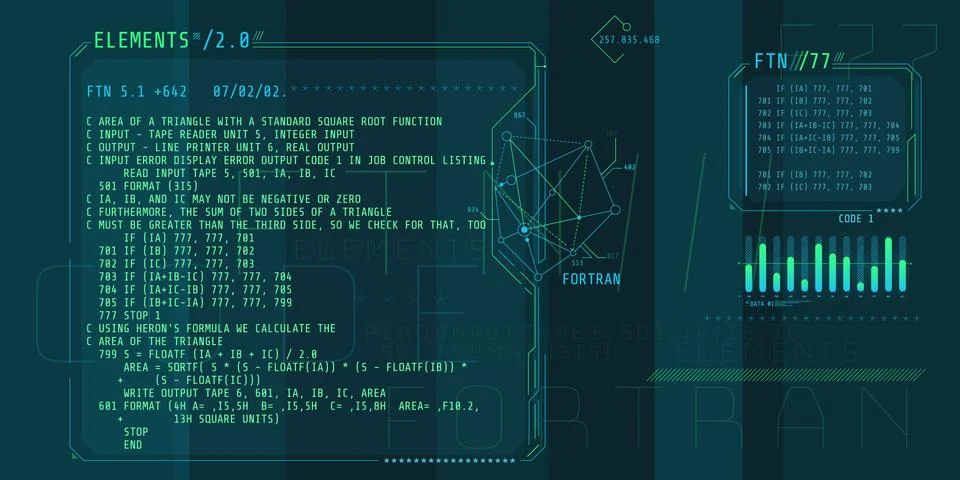 HUD interface elements with part of the code Fortran. Stock Illustration