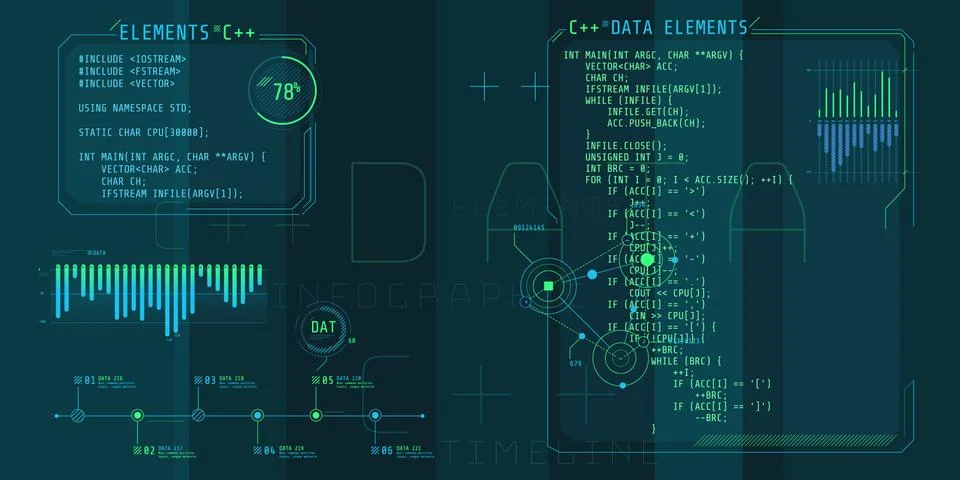 HUD interface elements with part of the code C Plus Plus. Stock Illustration