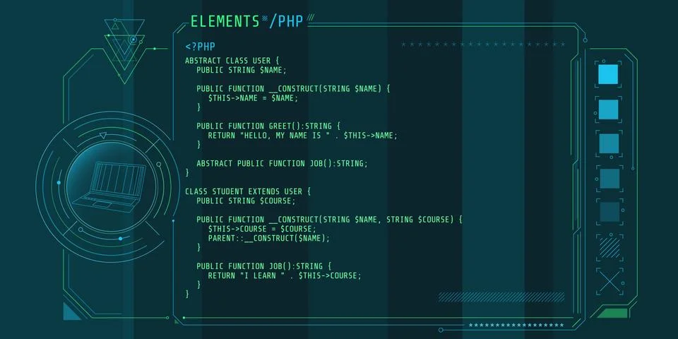 HUD interface elements with part of the code PHP. Stock Illustration