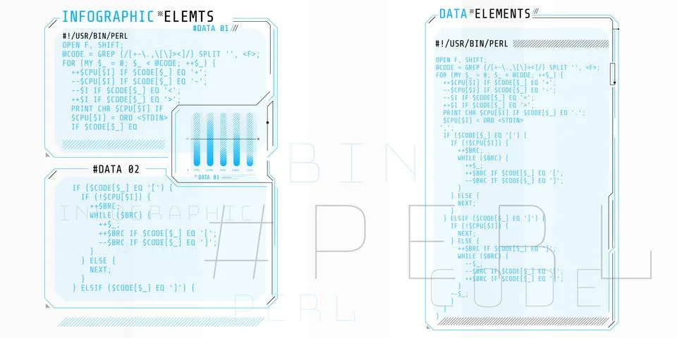 HUD interface elements with part of the code Perl. Stock Illustration