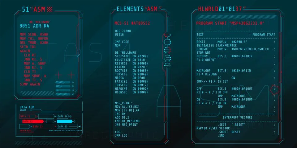 HUD interface elements with part of the code Assembly. Stock Illustration