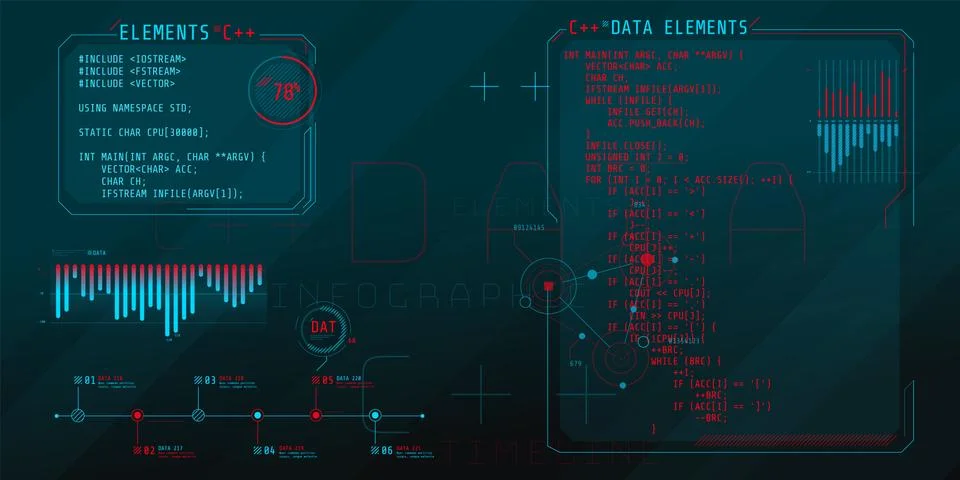 HUD interface elements with part of the code C Plus Plus. Stock Illustration