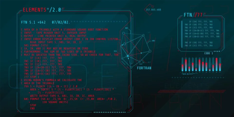 HUD interface elements with part of the code Fortran. Stock Illustration
