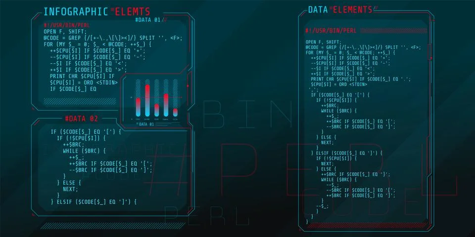 HUD interface elements with part of the code Perl. Stock Illustration