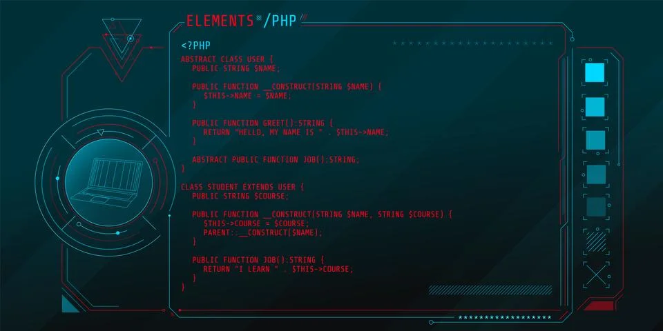 HUD interface elements with part of the code PHP. Stock Illustration