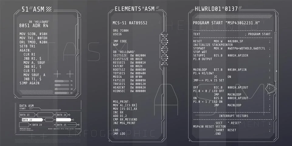 HUD interface elements with part of the code Assembly. Stock Illustration