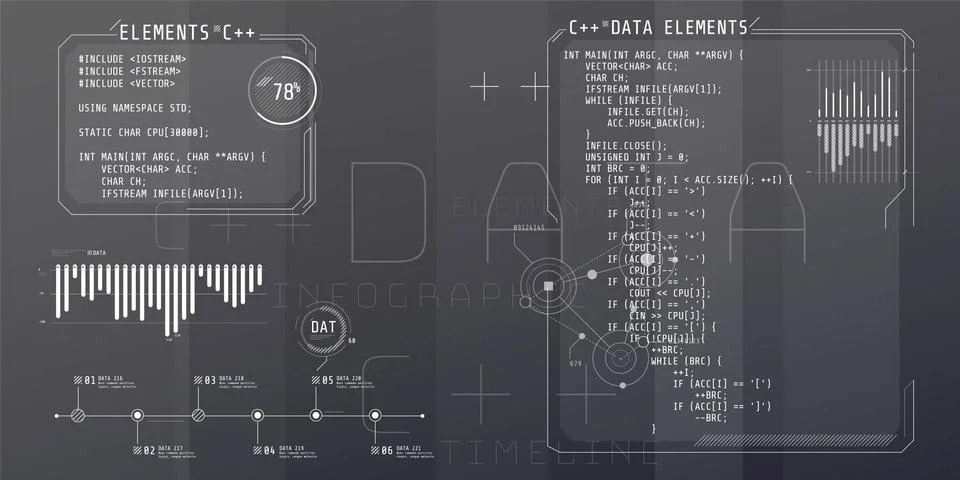 HUD interface elements with part of the code C Plus Plus. Illustrazione stock