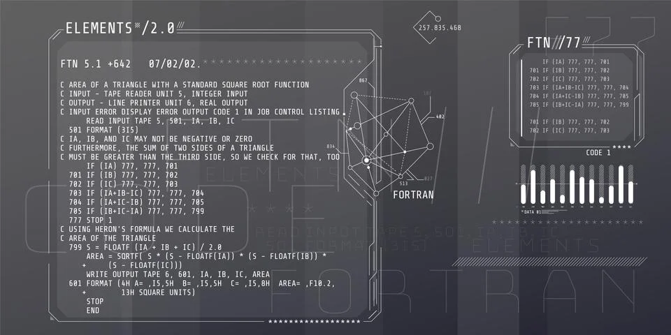 HUD interface elements with part of the code Fortran. Stock Illustration