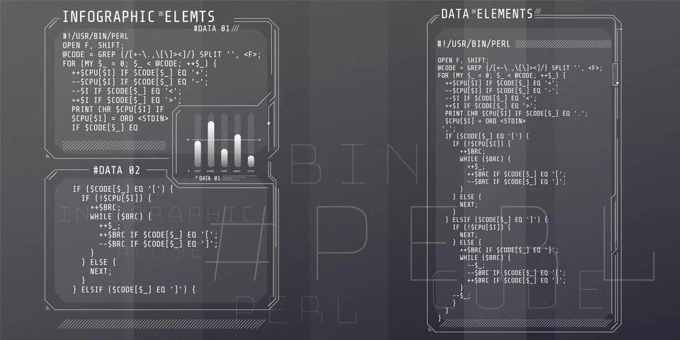HUD interface elements with part of the code Perl. Stock Illustration